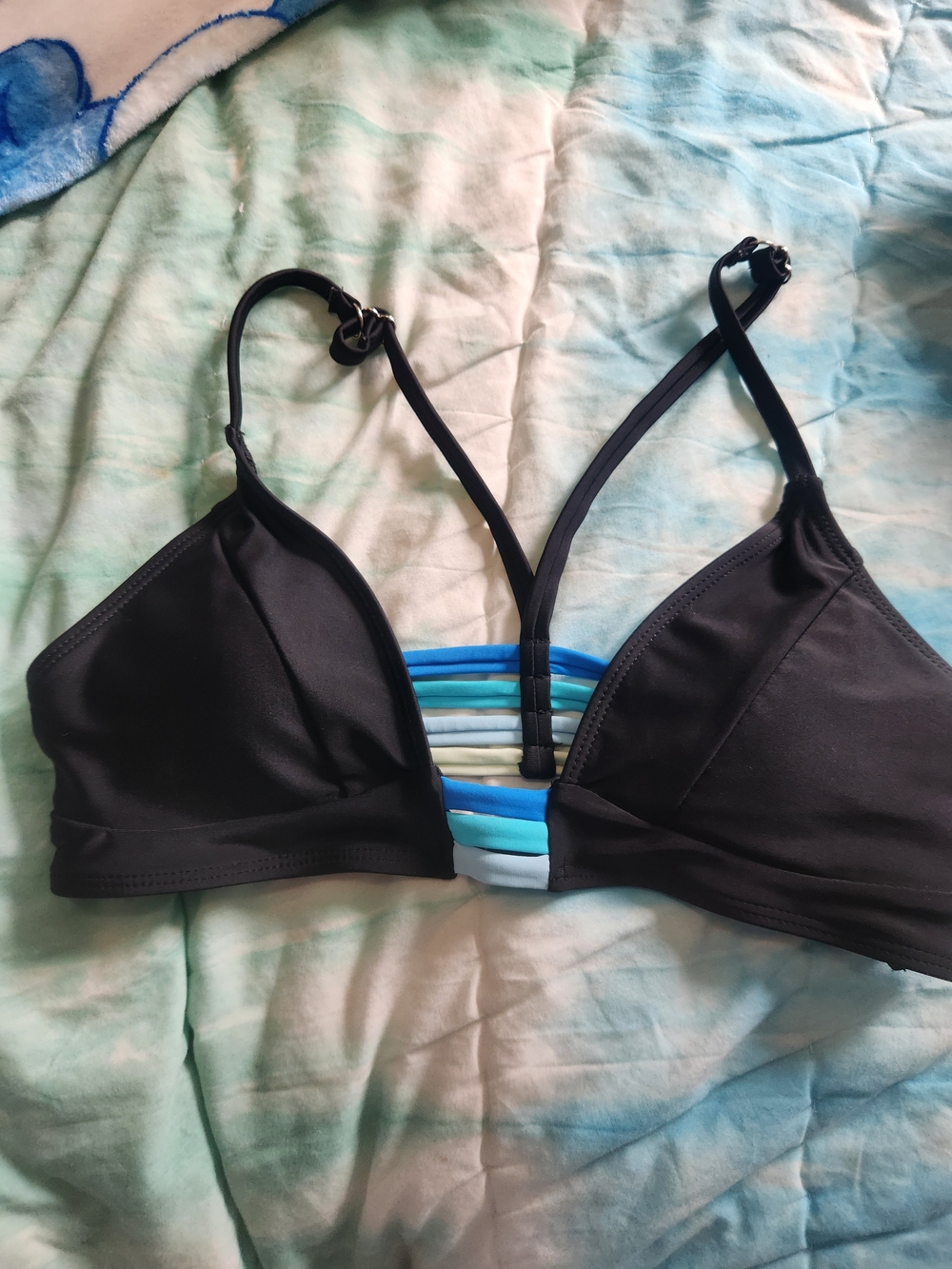 SHEIN Black Bikini Top with Blue Stripe Accent
